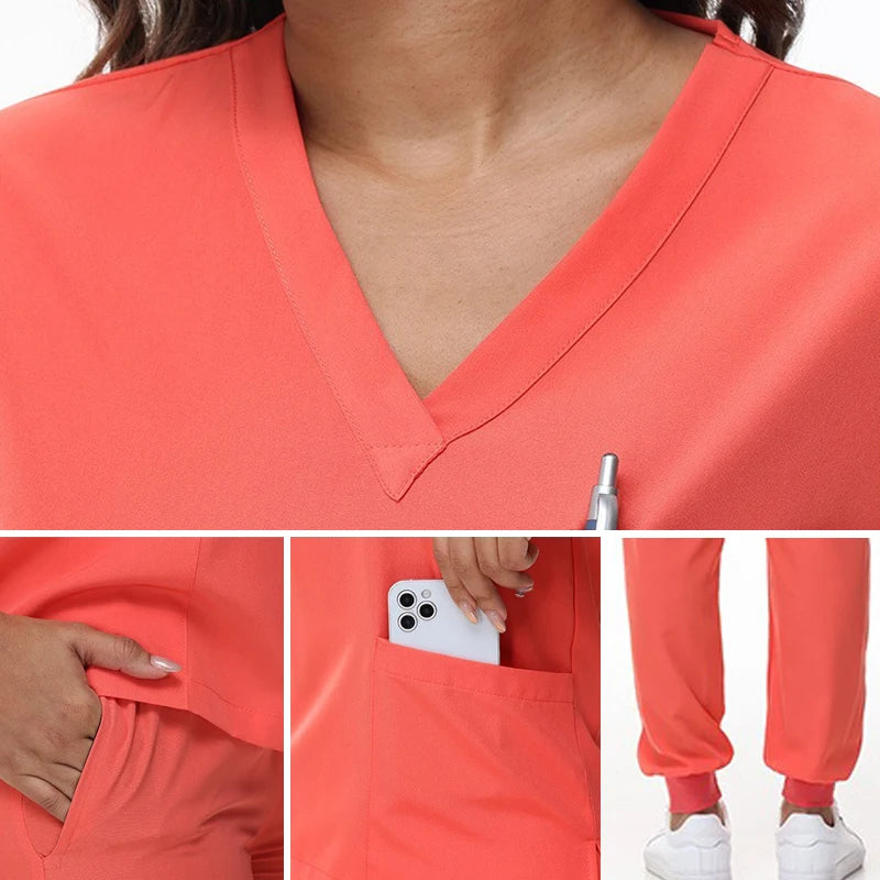 Stretchy V-Neck Nurse Scrub Set Jogger Pants