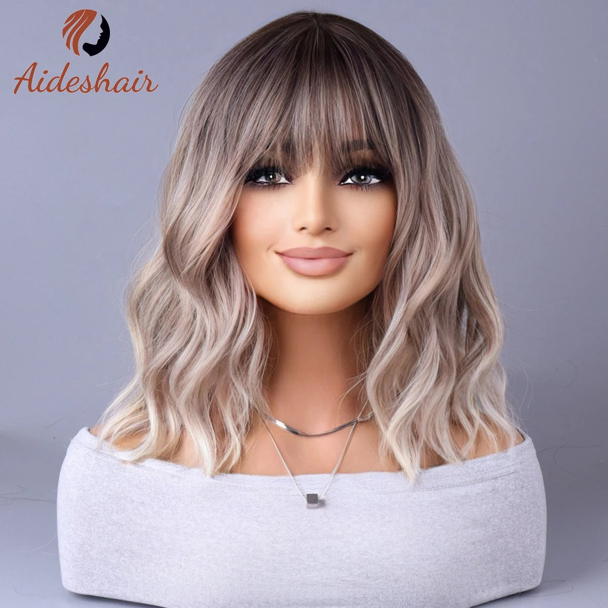 Light Gray Synthetic Wig with Fringe for Daily Use
