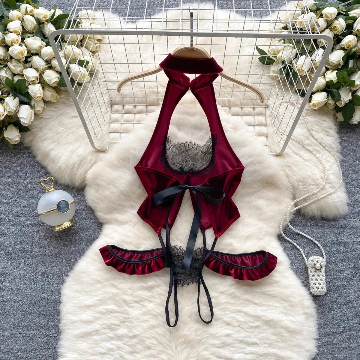 Women Transparent Lace Up Halter Bodysuit Romper