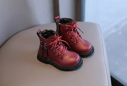 Burgundy PU Leather Ankle Boots for Kids