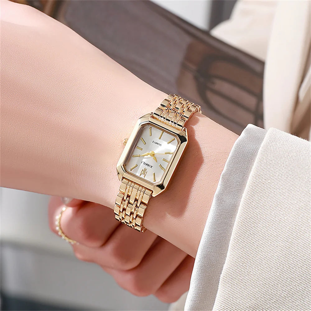 Gold Plated Ladies Quartz Watch Stainless Steel Band