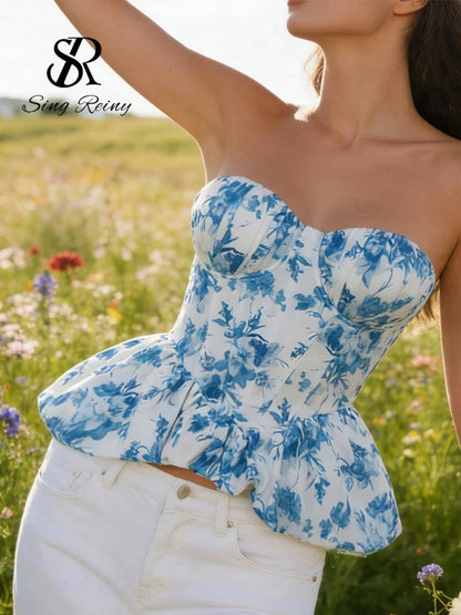 SINGREINY Floral Print Sleeveless Corset Blouse