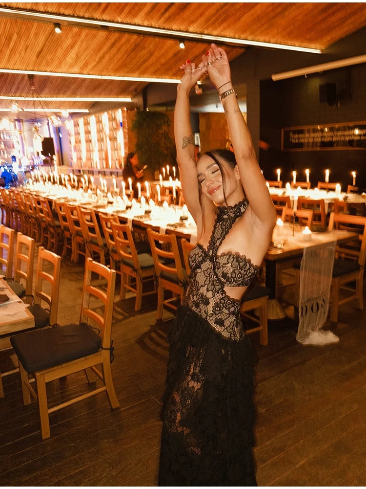 Sexy Lace Patchwork Halter Evening Gown for Women