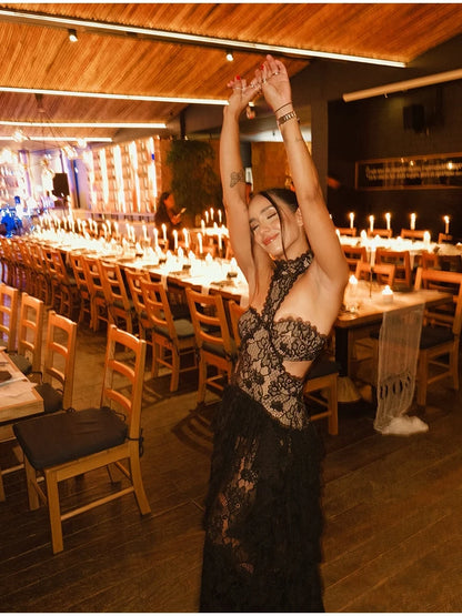 Sexy Lace Patchwork Halter Evening Gown for Women