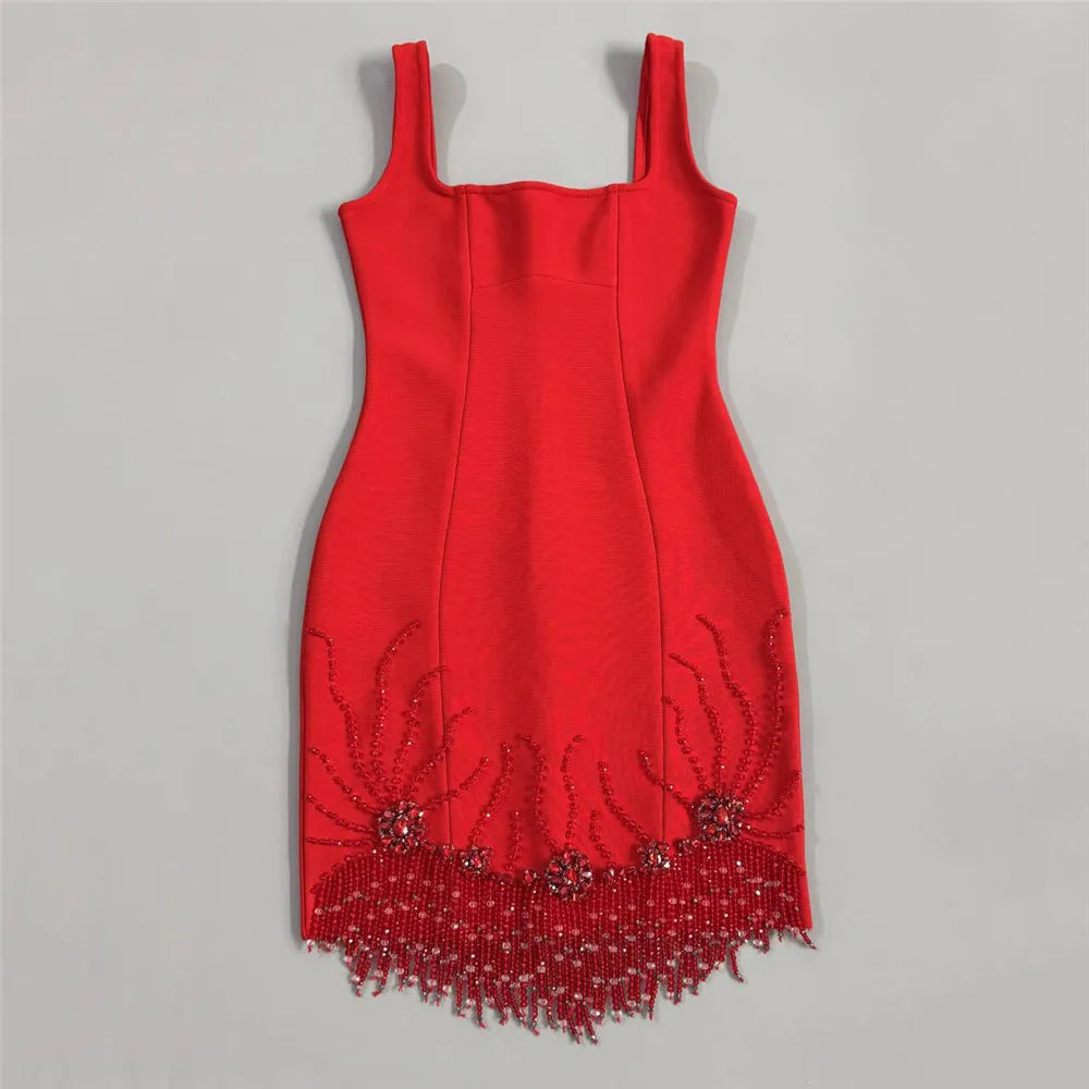 Women Sleeveless Bandage Dress with Beading and Tassels