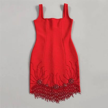 Women Sleeveless Bandage Dress with Beading and Tassels