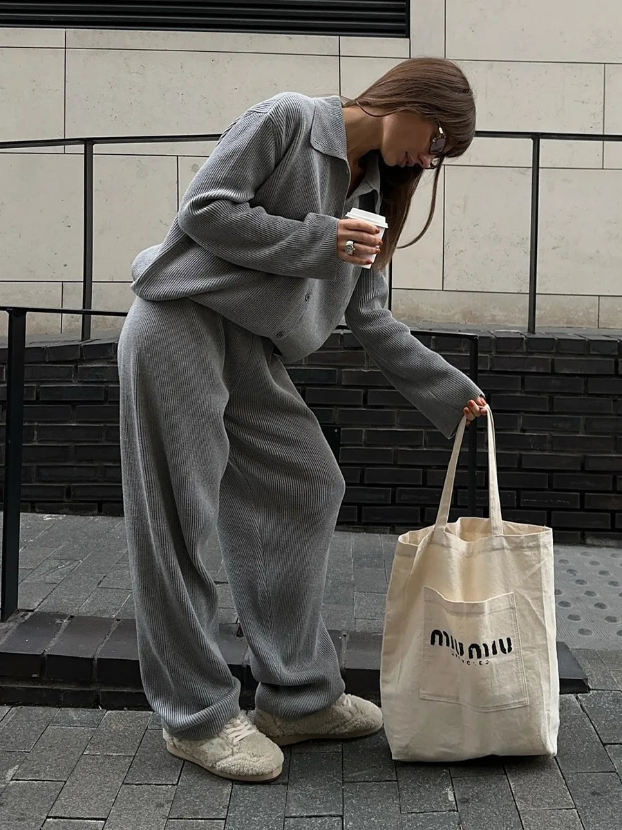 Knit Cardigan Pants Set for Women - Thick and Warm Outfit