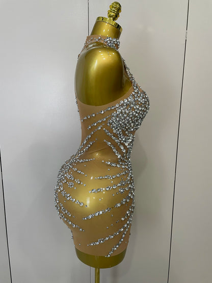 Sparkly Rhinestones Mesh See Through Dress for Women