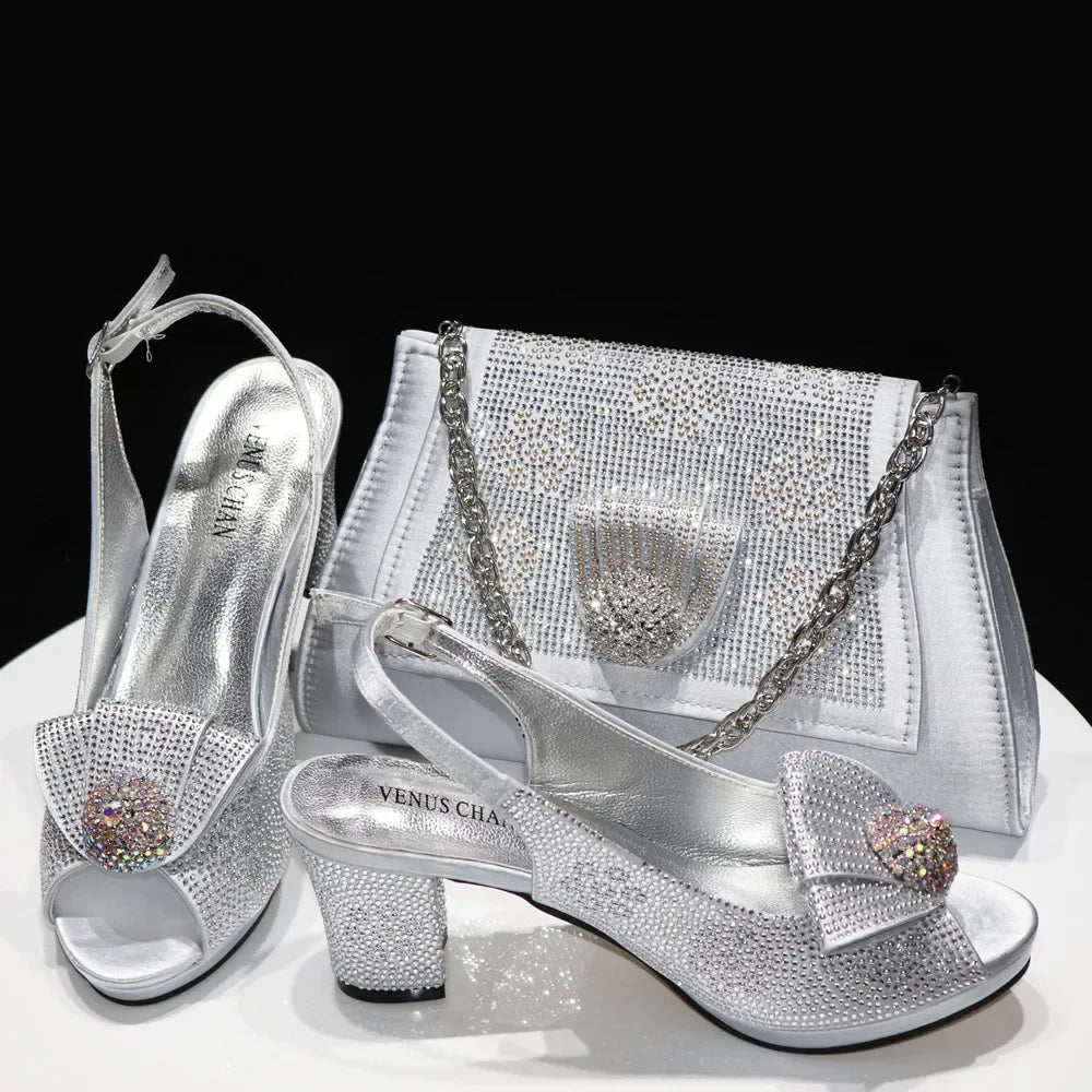 Golden Wedding Shoes And Bag Set With Diamond Decoration