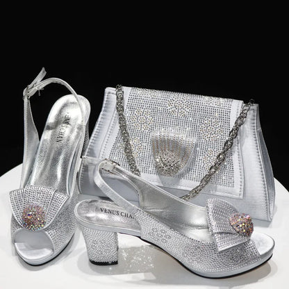 Golden Wedding Shoes And Bag Set With Diamond Decoration