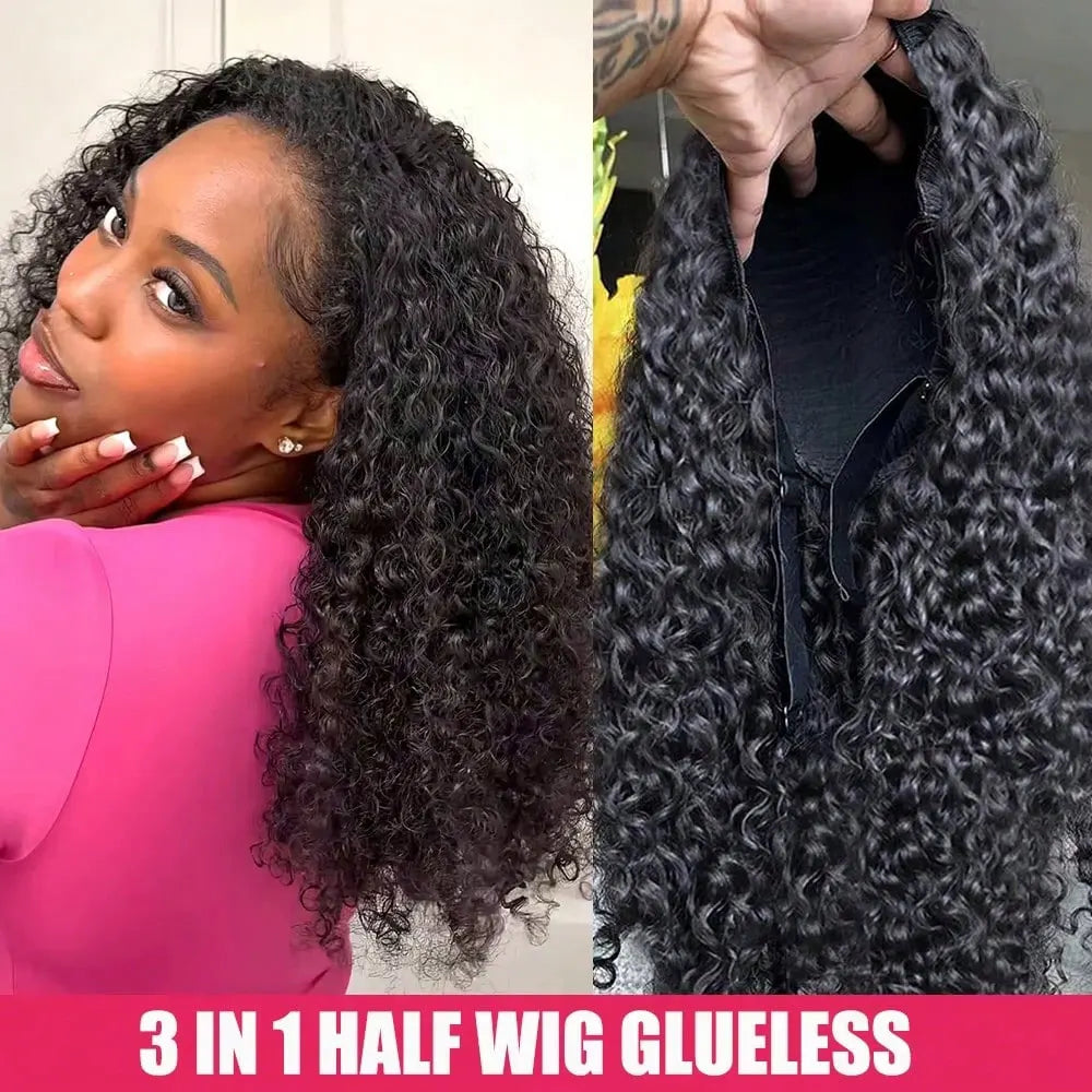 Jerry Curly Half Wig Human Hair Black Seamless Clip In