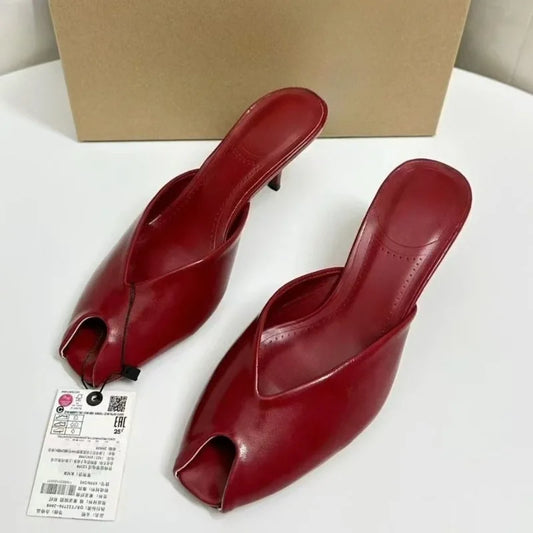 Peep Toe High Heeled Sandals Patent Leather Mules