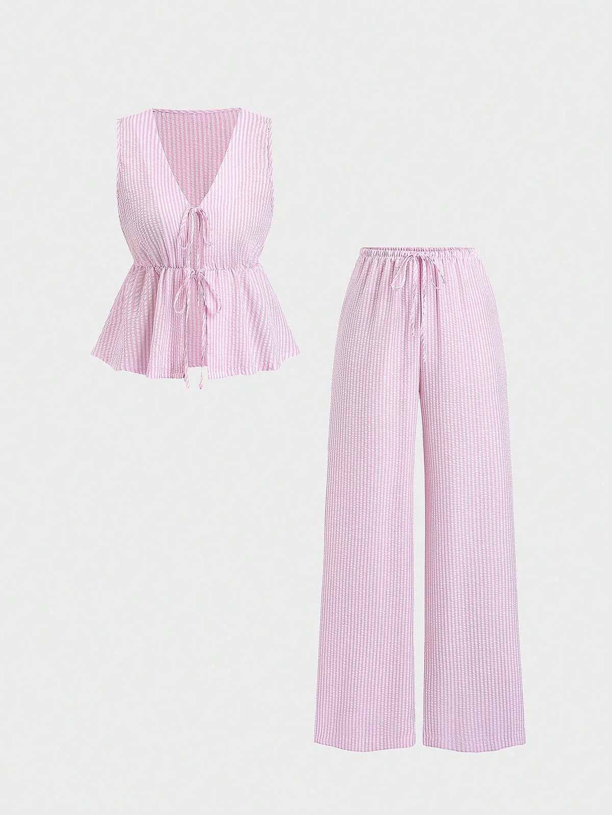 Women Striped V Neck Lace Up Blouse and Wide Leg Pants Set