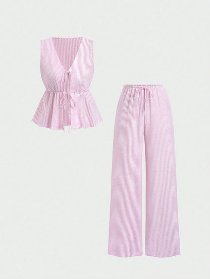 Women Striped V Neck Lace Up Blouse and Wide Leg Pants Set