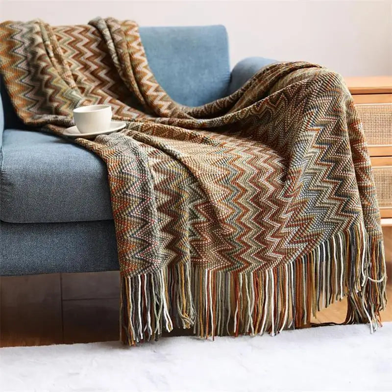 Bohemian Acrylic Hand Knitted Blanket with Tassels
