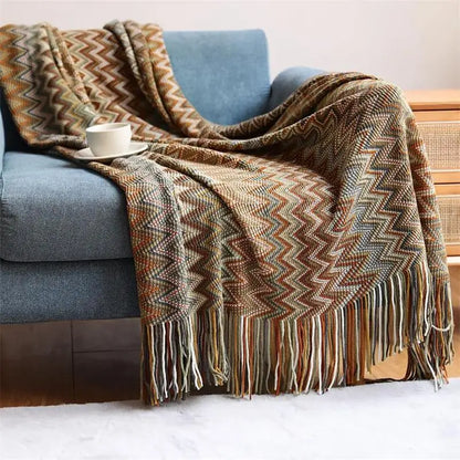 Bohemian Acrylic Hand Knitted Blanket with Tassels