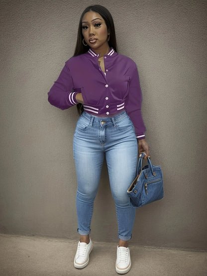 Women's Pure Color Single Breasted Baseball Jacket