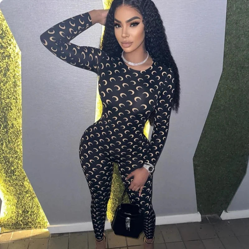 Slim Fit Moon Print Jumpsuit for Women