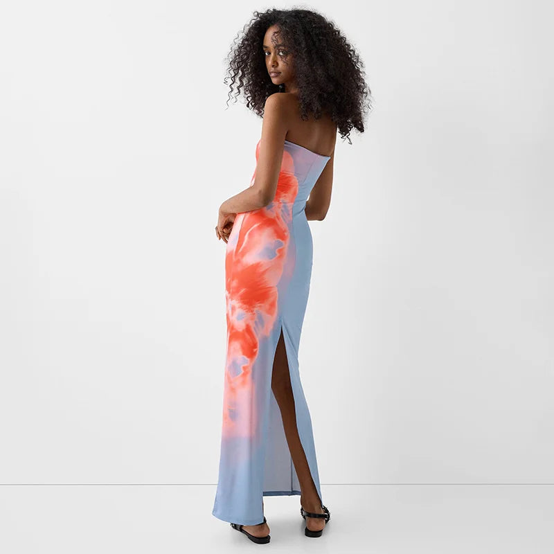 Print Tube Maxi Dress Women Off Shoulder Backless