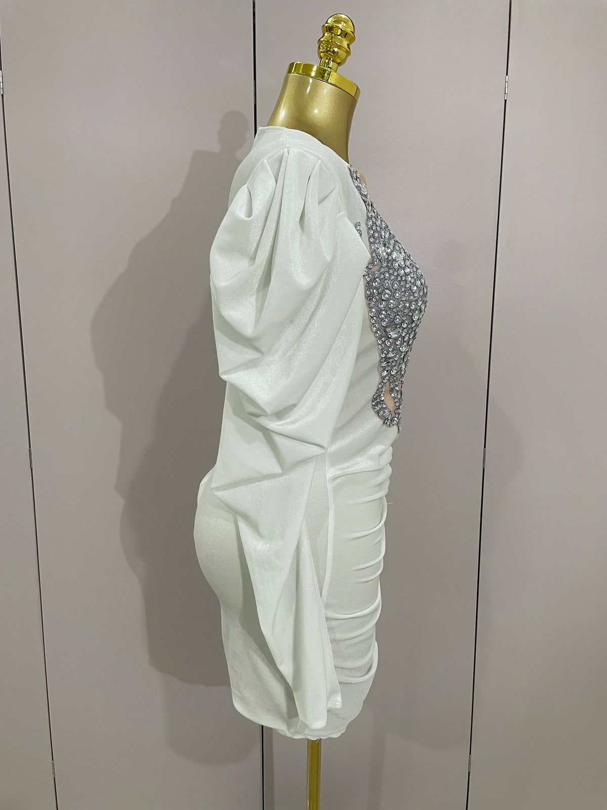 White Velvet Sexy Mesh Short Dress with Crystals