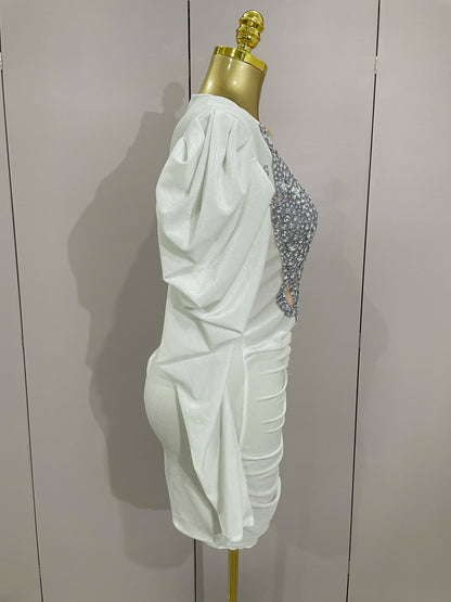 White Velvet Sexy Mesh Short Dress with Crystals