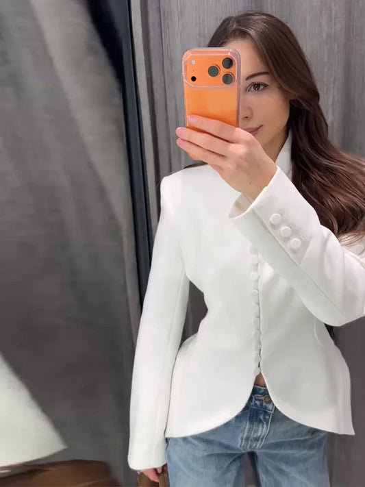 Chic Waist Cinched Women's Blazer Coat with Stand Collar