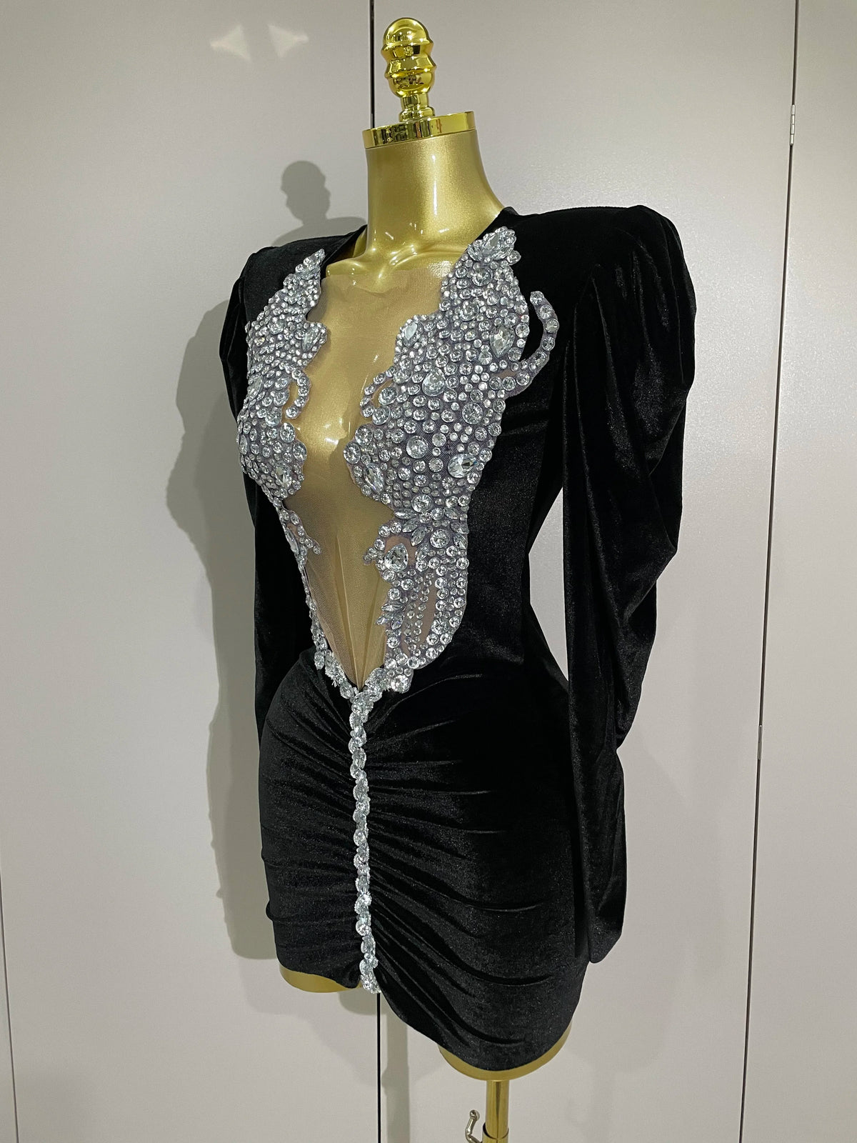 White Velvet Sexy Mesh Short Dress with Crystals