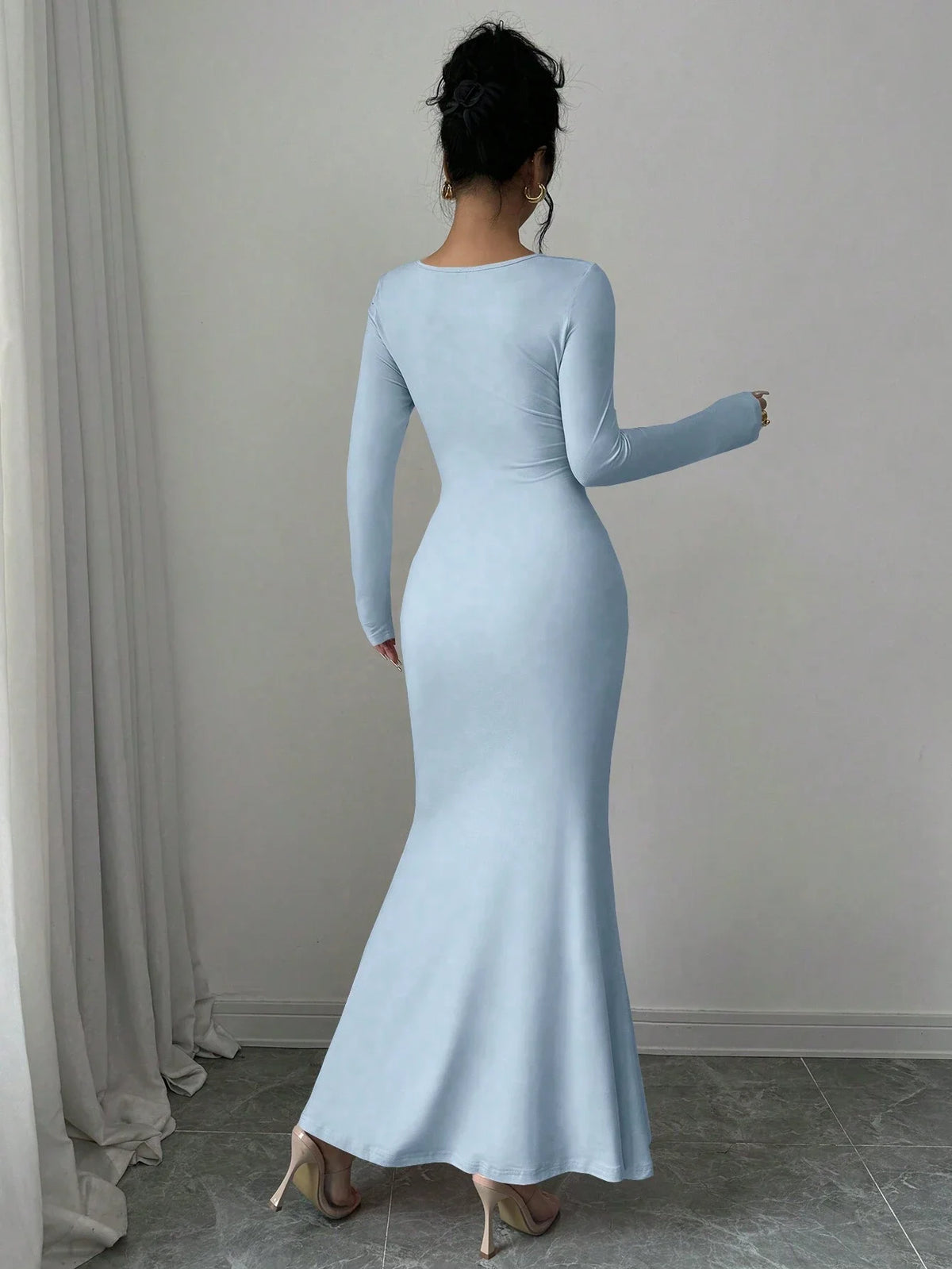 Elegant Retro Solid Color Square Collar Long Sleeve Dress