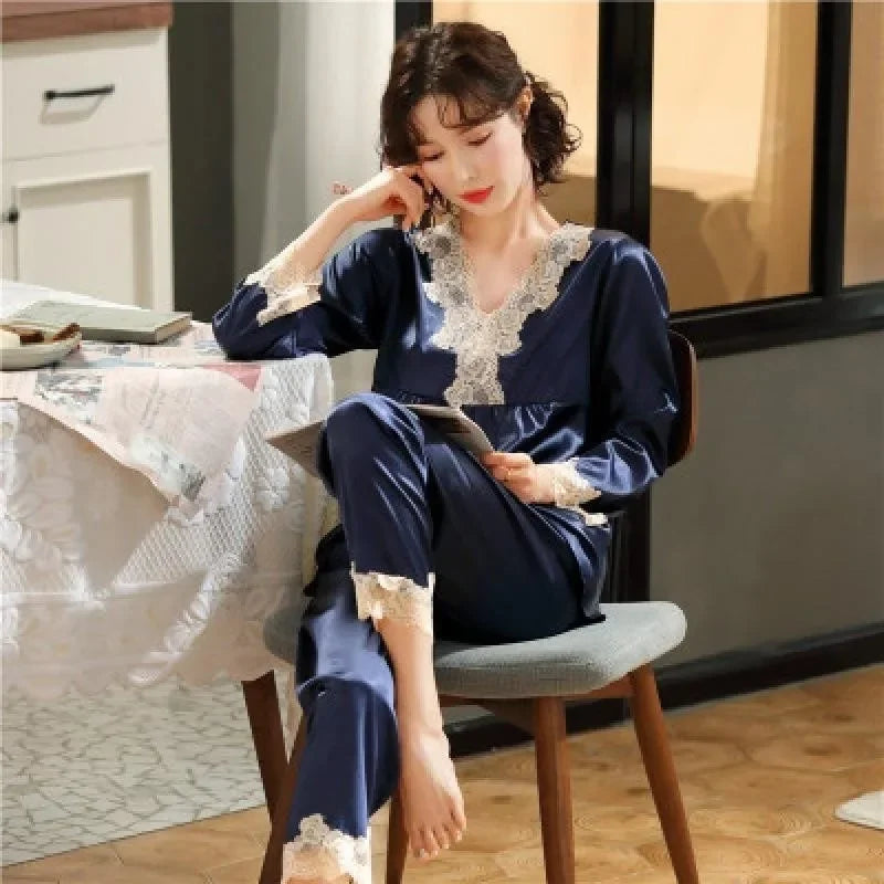 Girls' Long-Sleeved Lace Green Silk Pajamas Set
