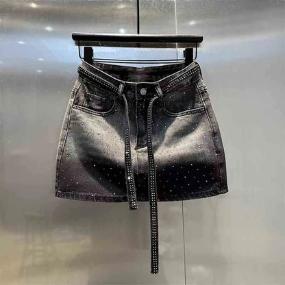 Oversize Diamond Denim Mini Skirt Women Gradient Black Grey