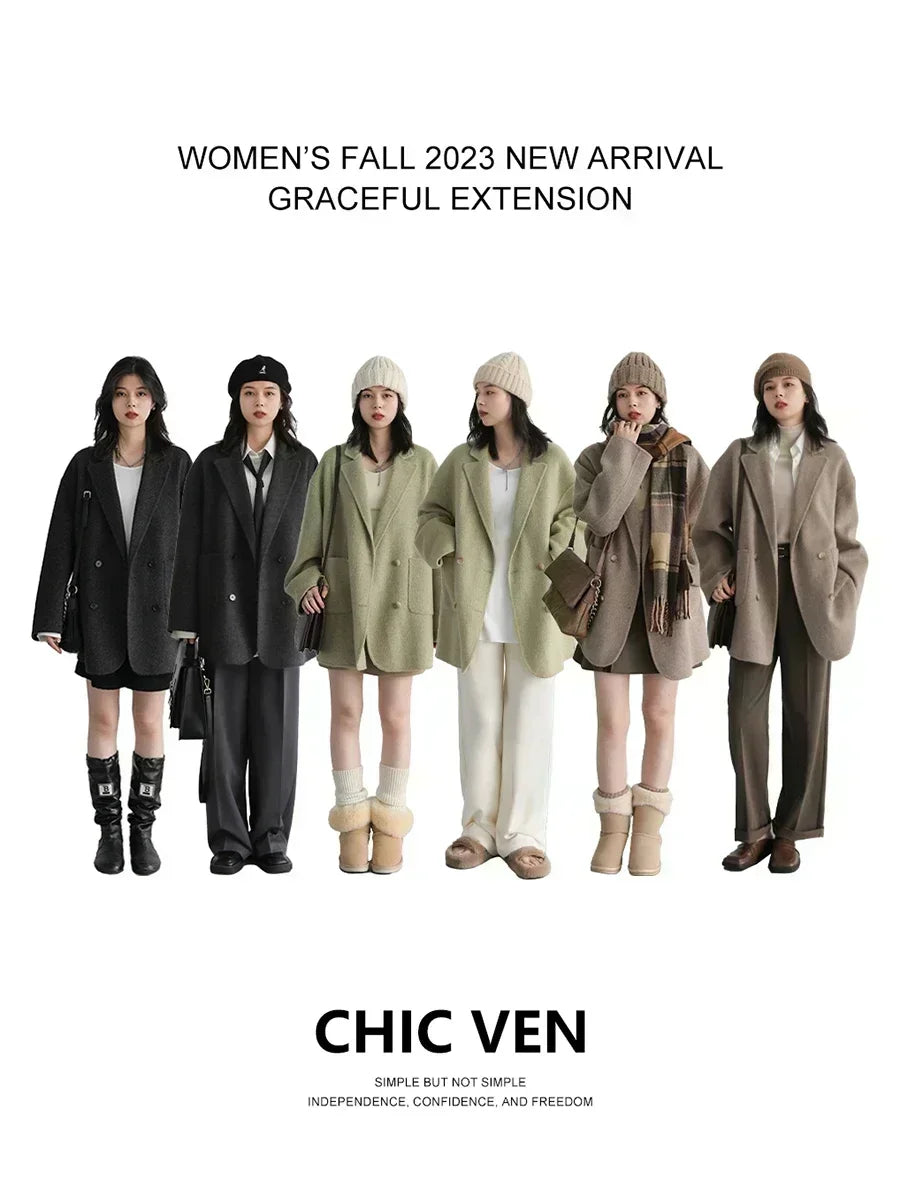 Women's Woolen Double Breasted Jacket Office Lady Outerwear