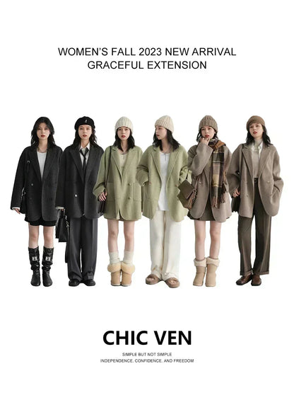 Women's Woolen Double Breasted Jacket Office Lady Outerwear