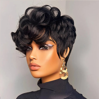 1B Pixie Cut Human Hair Wig Loose Curly Bangs 6 Inch