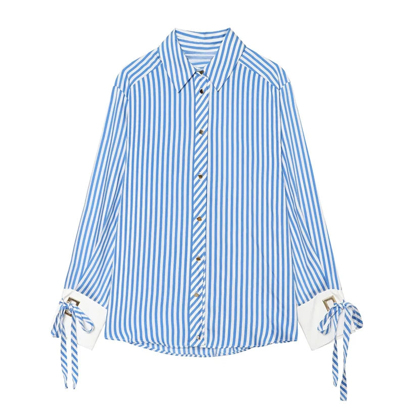 Women's Striped Bow-Tie Shirt Jacket in Polyester