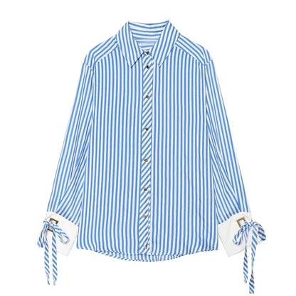 Women's Striped Bow-Tie Shirt Jacket in Polyester