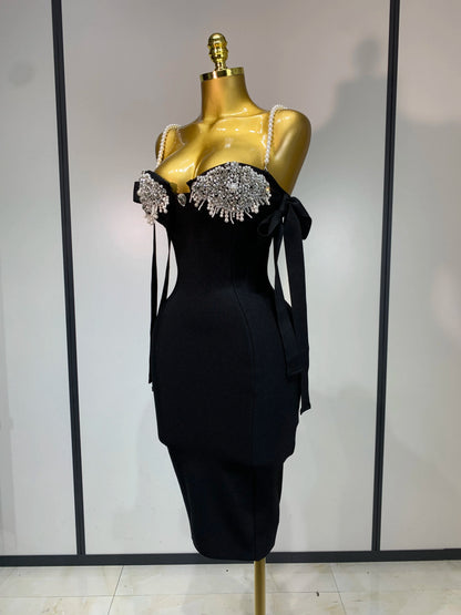 Women Backless Bodycon Bandage Dress with Pearls