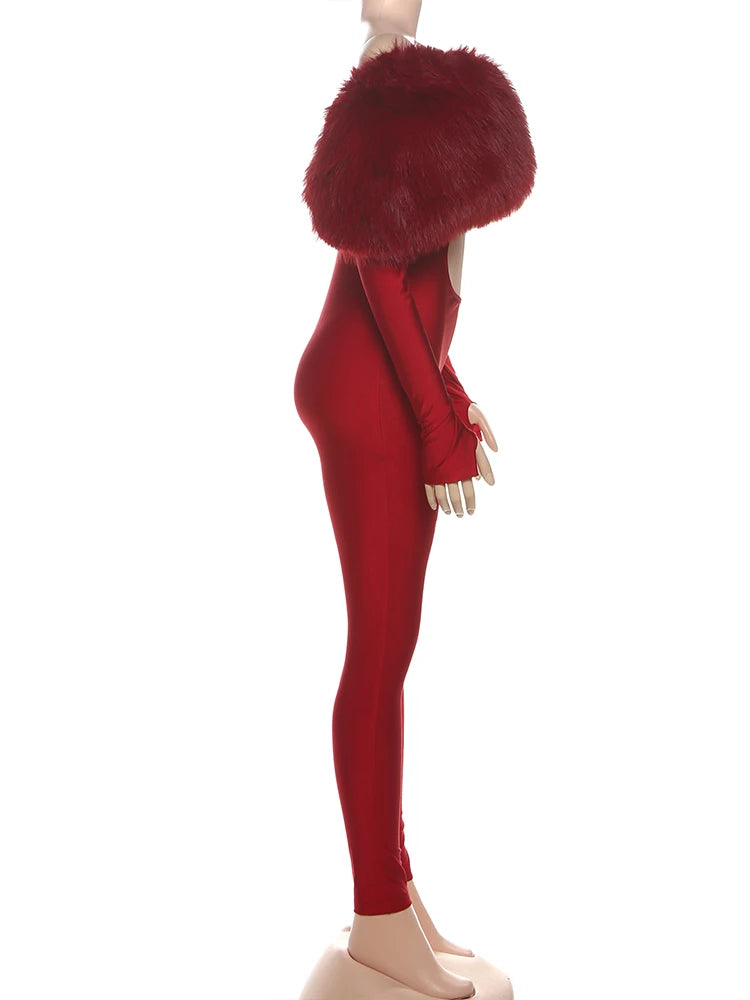 Furry Slash Neck Jumpsuit Women Polyester Elastane