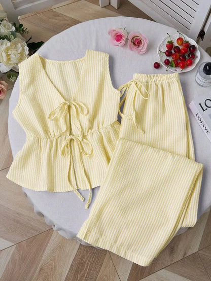 Women Striped V Neck Lace Up Blouse and Wide Leg Pants Set