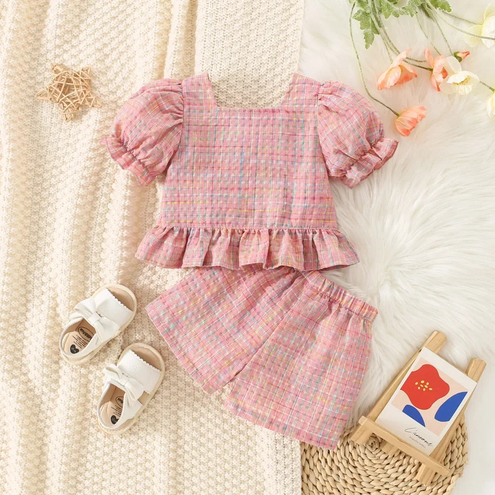 Summer Baby Girl Cotton Plaid Bubble Sleeve Set