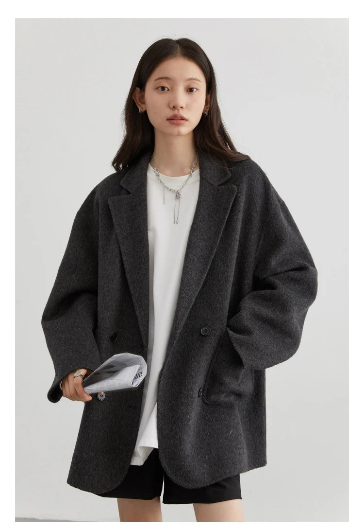 Women's Woolen Double Breasted Jacket Office Lady Outerwear