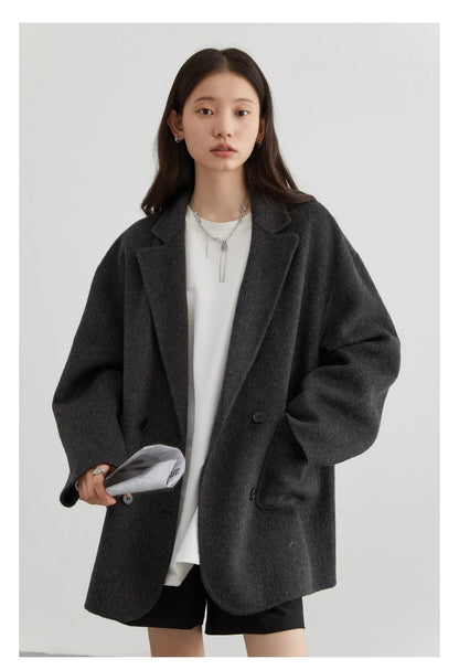 Women's Woolen Double Breasted Jacket Office Lady Outerwear