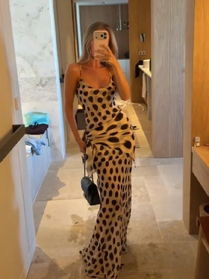Animal Print V-Neck Ruched Maxi Dress for Women