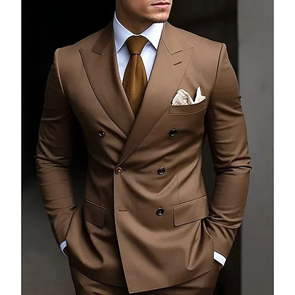 Brown Men's Slim Fit Double Breasted Suit Blazer