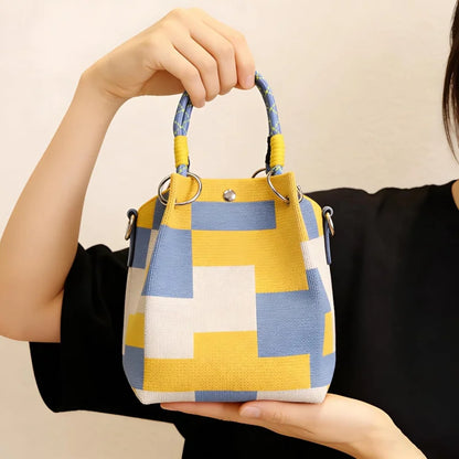 Mini Knitted Bucket Bag Women Colorblock Wristlet Purse