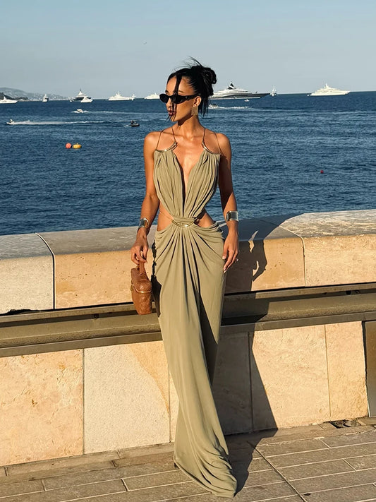 Backless Halter Dress for Women in Solid Polyester