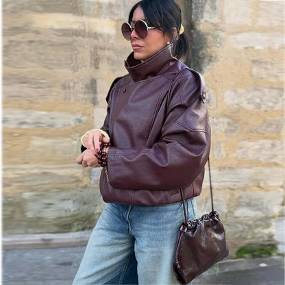 Faux Leather Oversize Bomber Jacket for Women