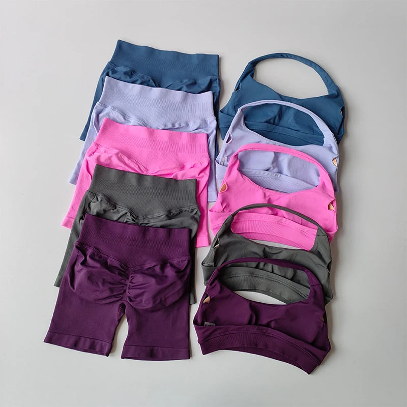 Peach High Waist Seamless Sports Bra and Shorts Set