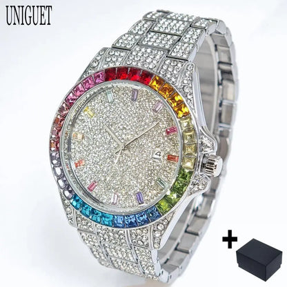 Fashion Gold Quartz Wristwatch for Men with Rainbow Diamonds