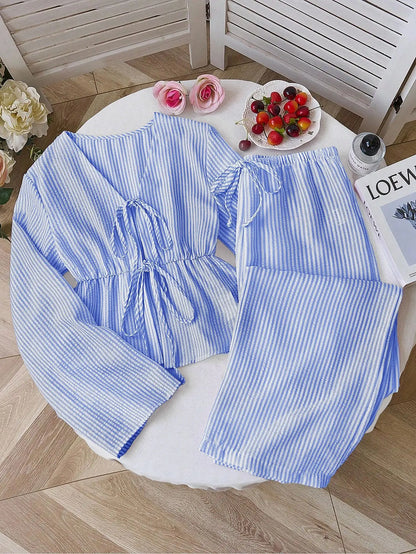 Women Striped V Neck Lace Up Blouse and Wide Leg Pants Set