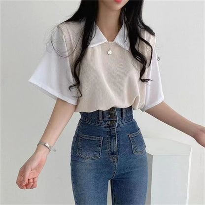 Korean Style Polo Collar Chiffon Blouse for Women